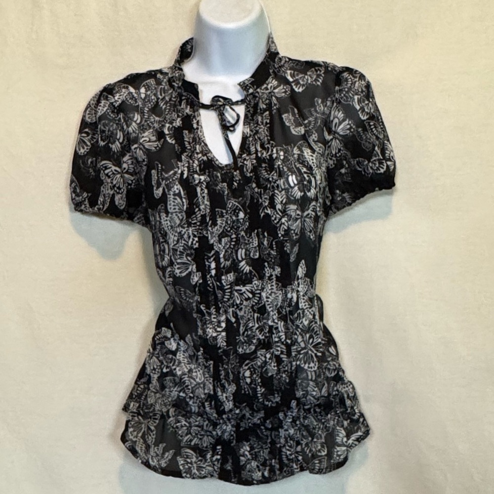 G-121 Apt. 9 Black & White Short Sleeve Button Down Peplum Blouse Size S